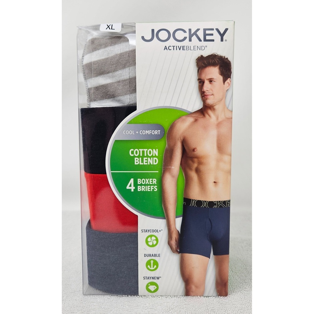 Jockey Men's 4-Pack Cotton Blend Boxer Briefs, Size XL, Rd/Gry/Blk, New/Open Box